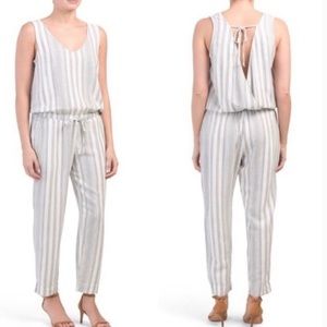 Anthropologie Cloth & Stone Blue Striped Sleeveless V Neck Linen Blend Jumpsuit